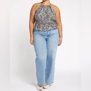 🟤NWT JOIE Valarie Sleeveless Keyhole Peplum Tank in Fjord Blue/Brown Print 1X